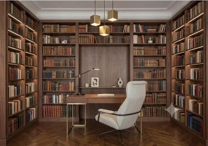 Bibliotheque et bureau sur-mesure en noyer, appartement haussmannien parisien