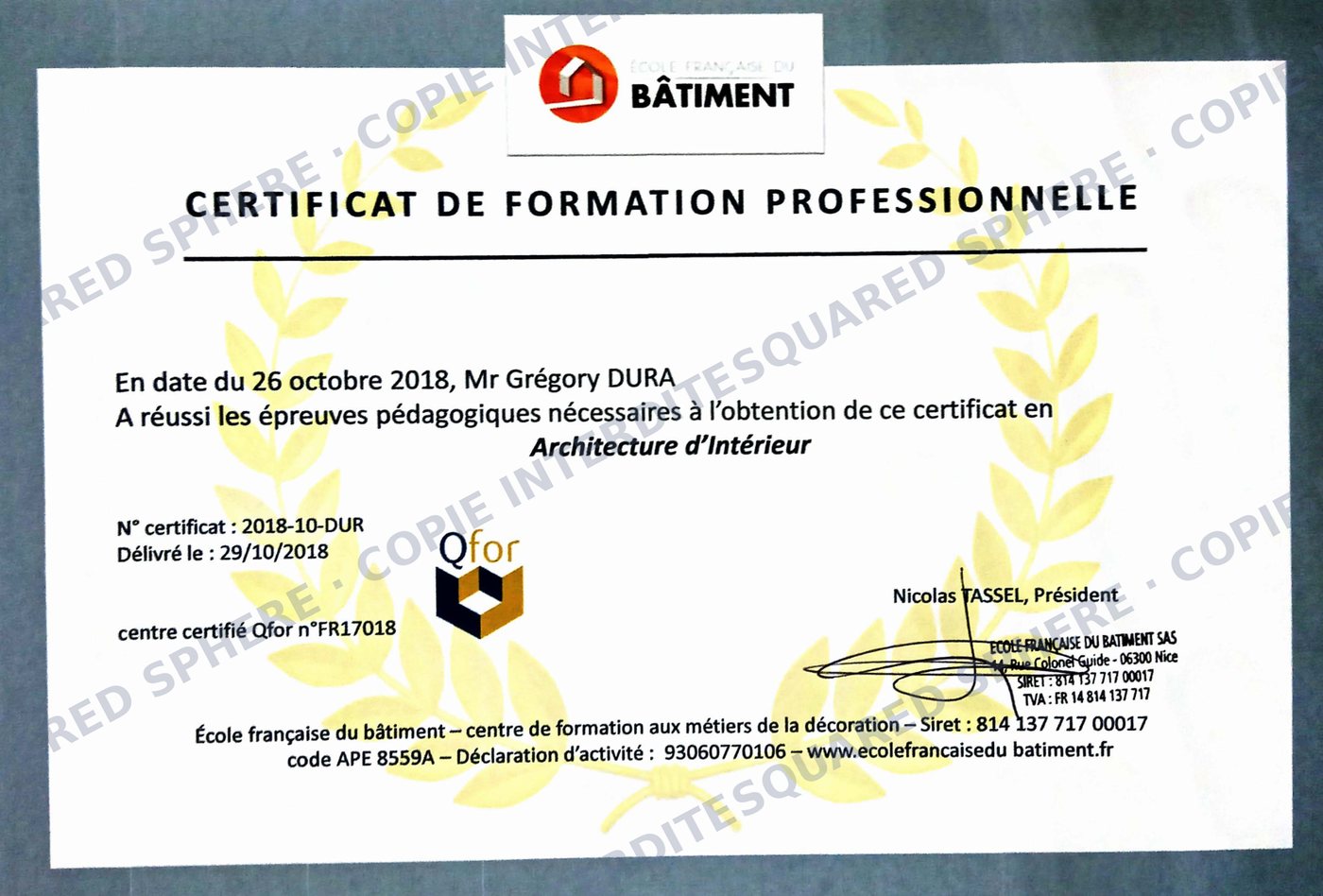 Certificat de formation professionnelle en architecture d'intérieur de Grégory Dura, École française du bâtiment, Nice, 2018
