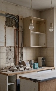 Cuisine avant rénovation réseaux plomberie apparents chantier